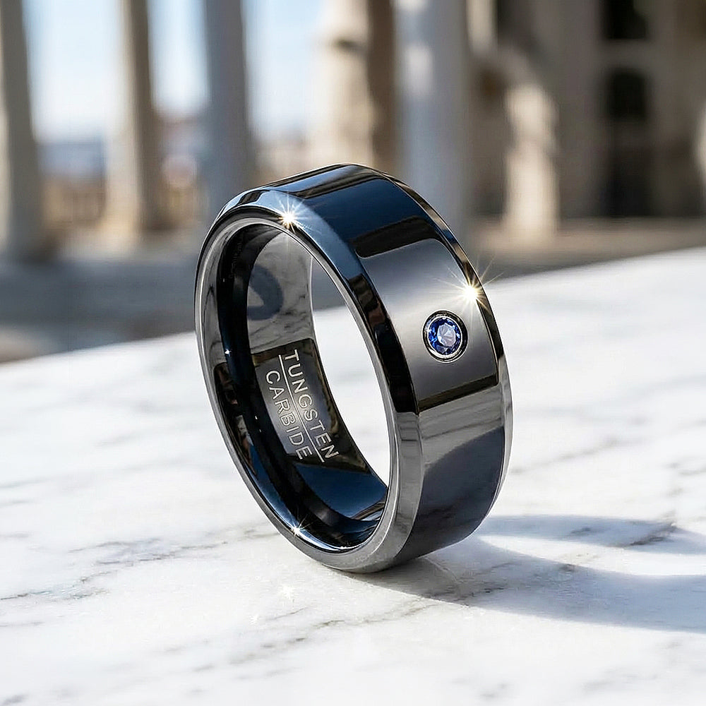 Sage Polished Blue Solitaire Black Tungsten Carbide Ring