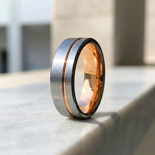 Salman | Brushed Silver and Rose Gold Grooved Step Edge Tungsten Carbide