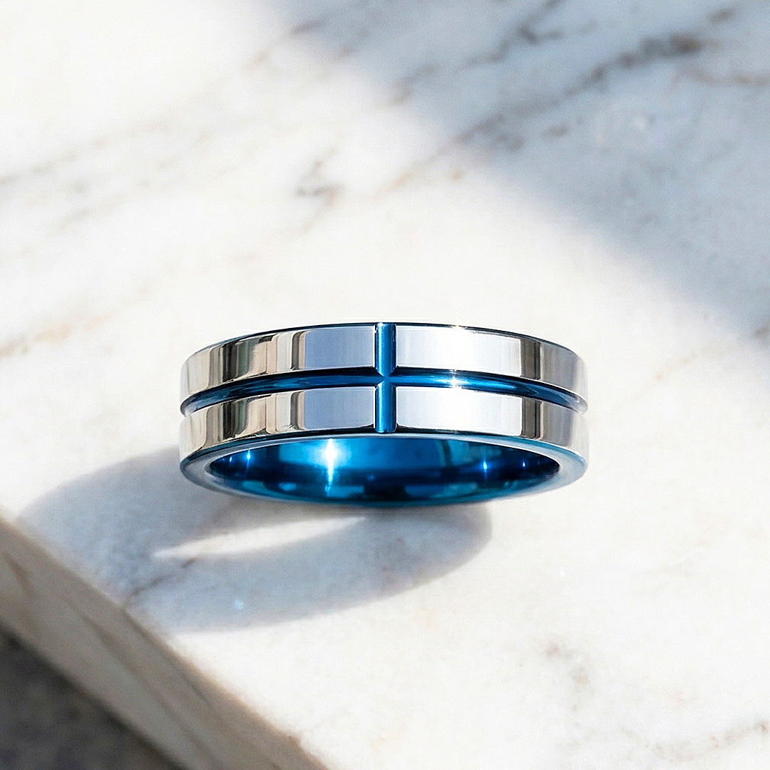 Sloane | Blue Groove Silver Tungsten Ring | Men&