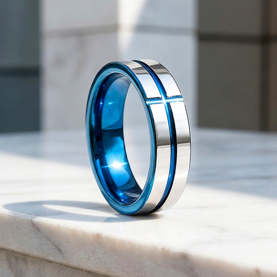 Sloane | Blue Groove Silver Tungsten Ring | Men&