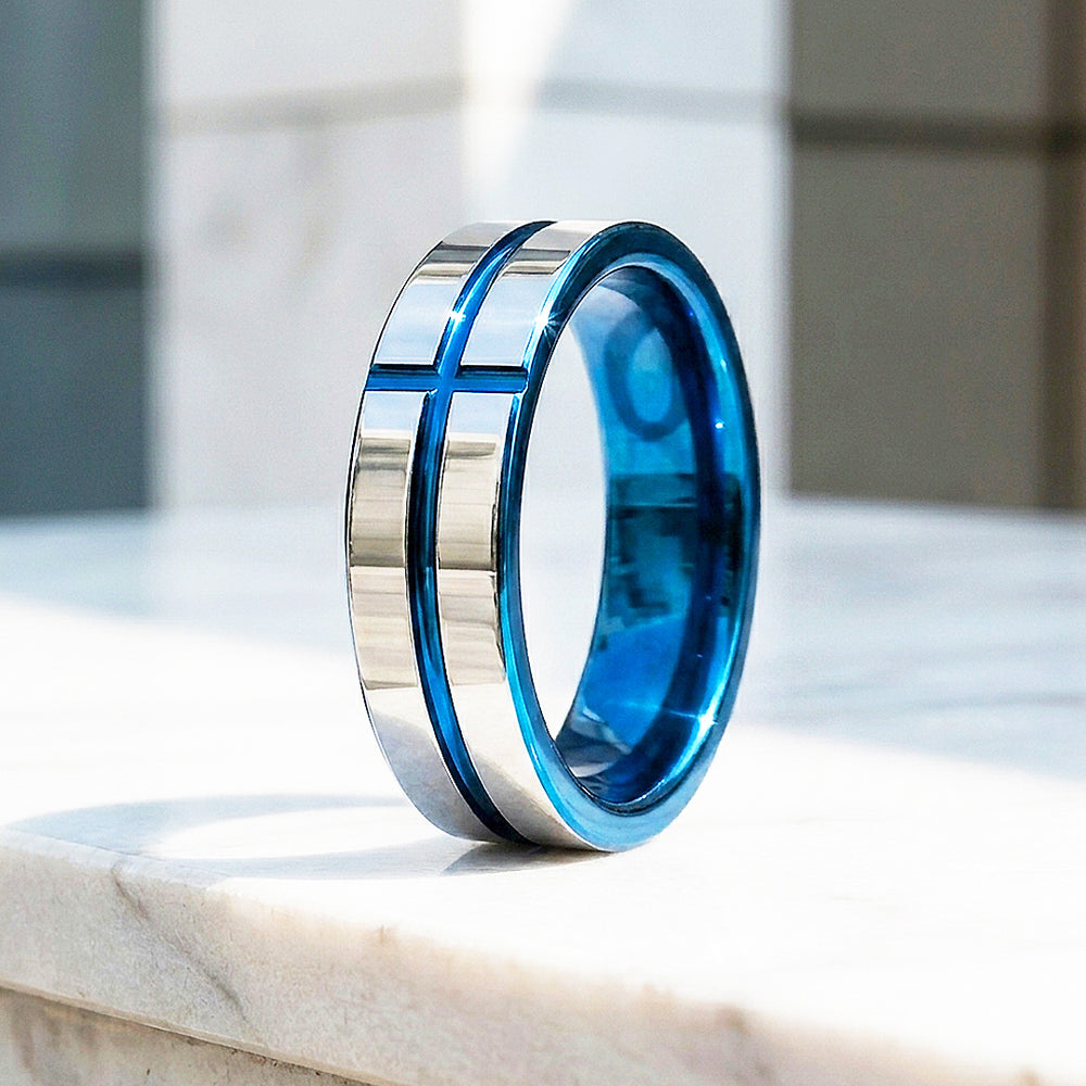 Sloane | Blue Groove Silver Tungsten Ring | Men's Ring