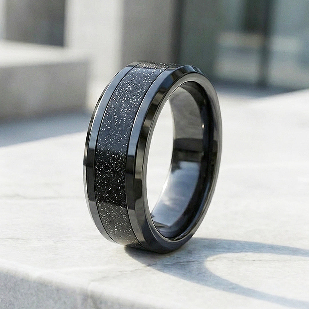 Stars in the Night Polished Glitter Inlay Black Tungsten Carbide Ring - Ring | Singapore Jewellery, Wedding Rings & Gifts | Same Day Delivery | Tiara.com.sg