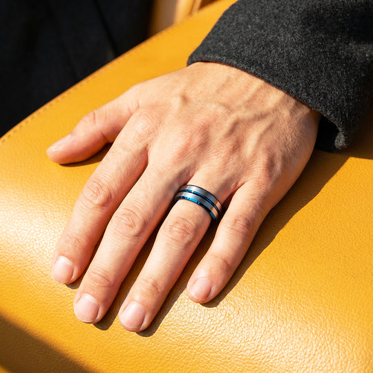 Straton | Brushed Silver &amp; Blue Two-Tone Groove Tungsten Carbide Men&