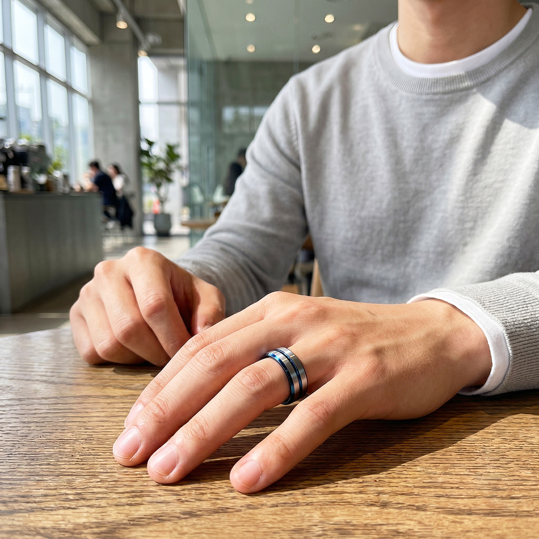 Straton | Brushed Silver &amp; Blue Two-Tone Groove Tungsten Carbide Men&