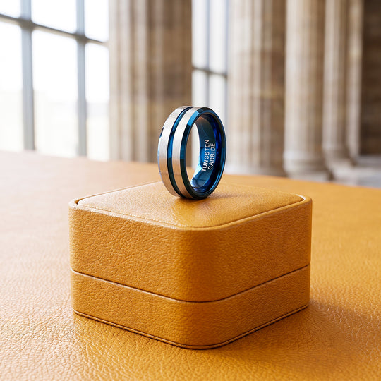Straton | Brushed Silver &amp; Blue Two-Tone Groove Tungsten Carbide Men&