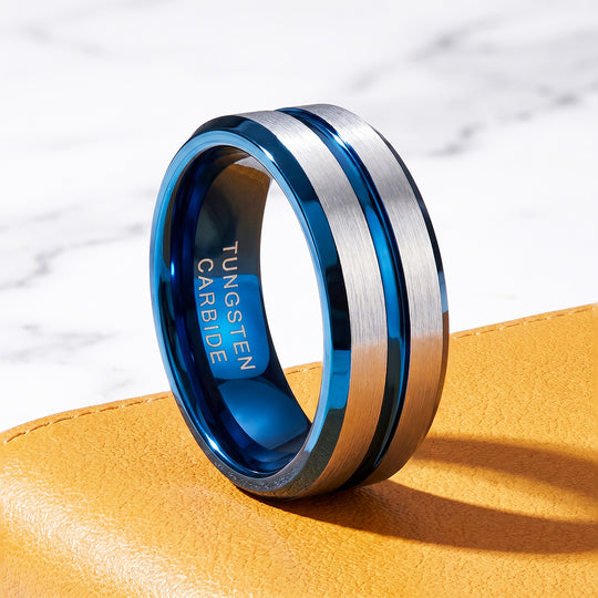Straton | Brushed Silver &amp; Blue Two-Tone Groove Tungsten Carbide Men&