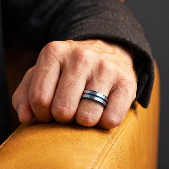 Straton | Brushed Silver &amp; Blue Two-Tone Groove Tungsten Carbide Men&