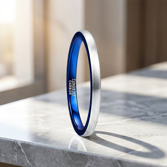 Tickled | Brushed Silver and Blue Dome Dual Tone Tungsten Carbide