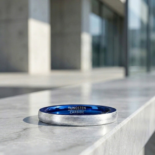 Tickled | Brushed Silver and Blue Dome Dual Tone Tungsten Carbide