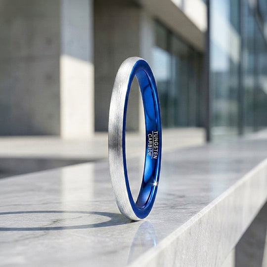 Tickled | Brushed Silver and Blue Dome Dual Tone Tungsten Carbide