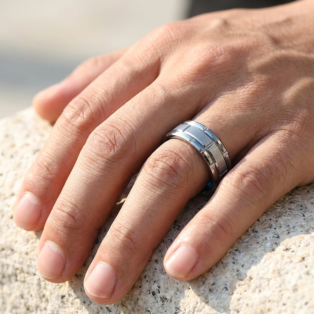 Titan Brushed Brick Pattern Blue Interior Tungsten Carbide Ring - Ring | Singapore Jewellery, Wedding Rings &amp; Gifts | Same Day Delivery | Tiara.com.sg
