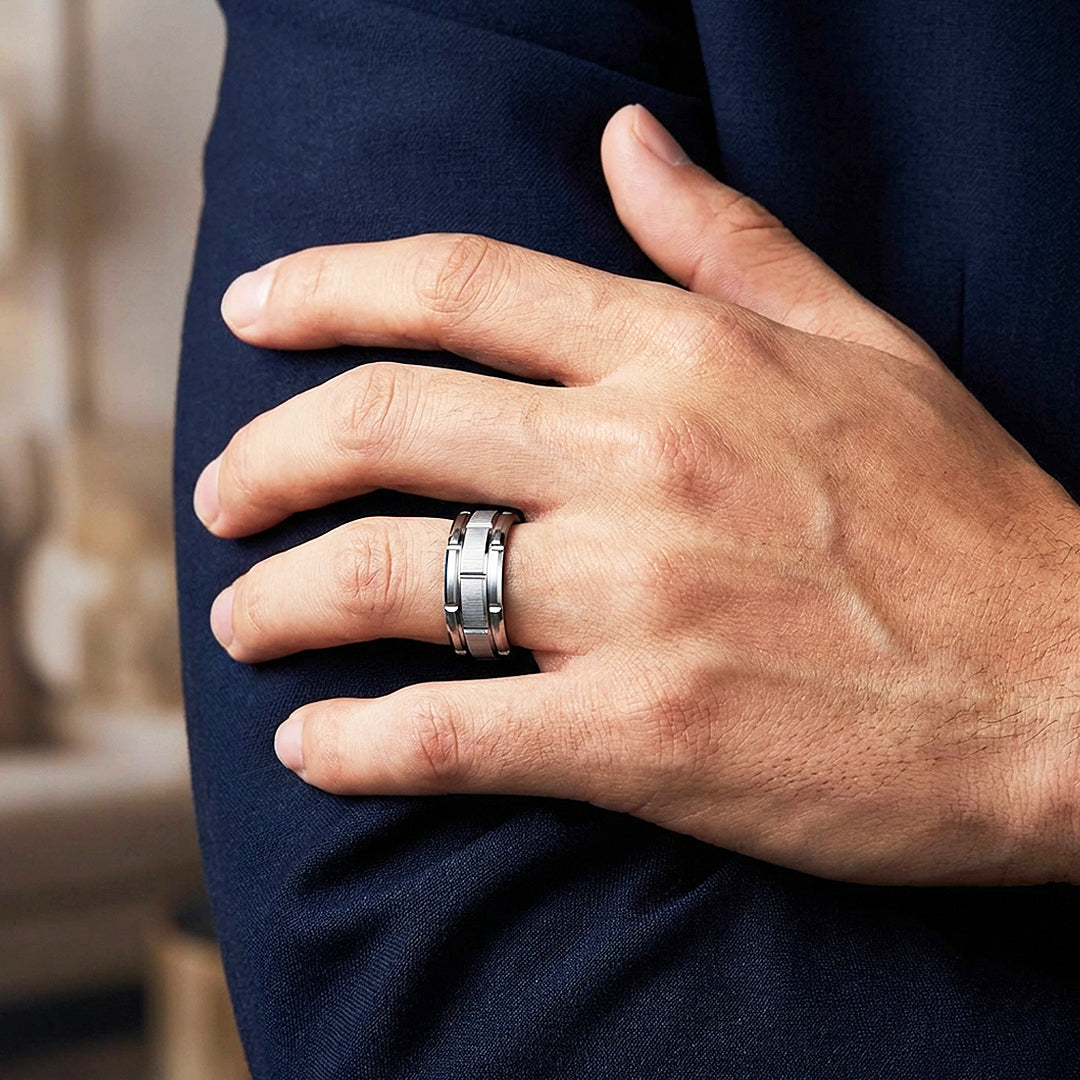 Titan Brushed Brick Pattern Blue Interior Tungsten Carbide Ring - Ring | Singapore Jewellery, Wedding Rings &amp; Gifts | Same Day Delivery | Tiara.com.sg