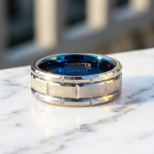 Titan Brushed Brick Pattern Blue Interior Tungsten Carbide Ring - Ring | Singapore Jewellery, Wedding Rings &amp; Gifts | Same Day Delivery | Tiara.com.sg
