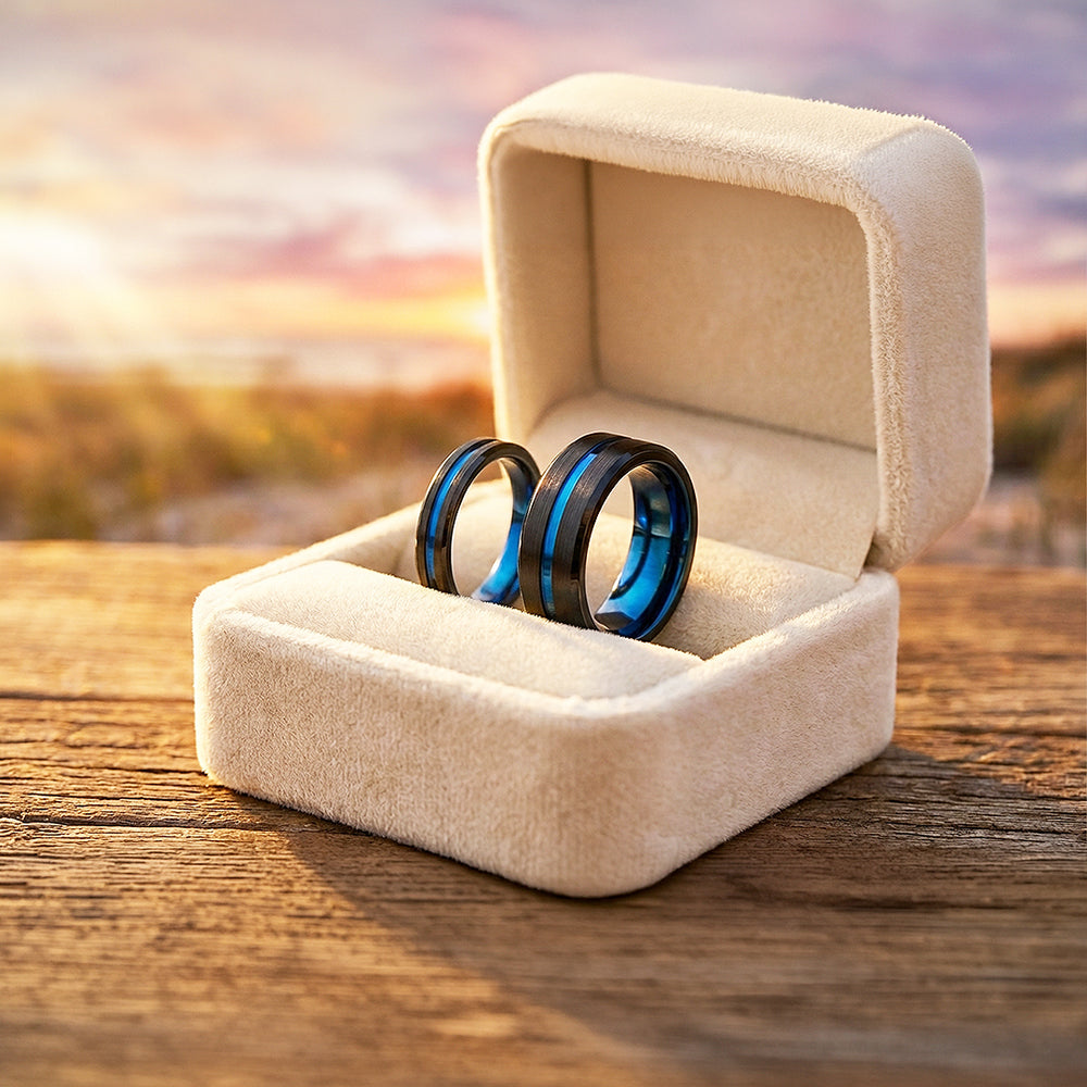 Twilight Blue | Tungsten Couple Rings | Black Wedding Bands