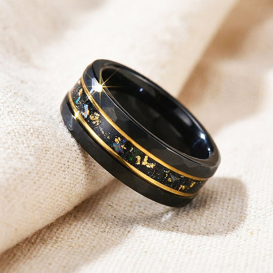 Vantigold Hammered Gold Flake Inlay Black Tungsten Carbide Ring - Ring | Singapore Jewellery, Wedding Rings &amp; Gifts | Same Day Delivery | Tiara.com.sg