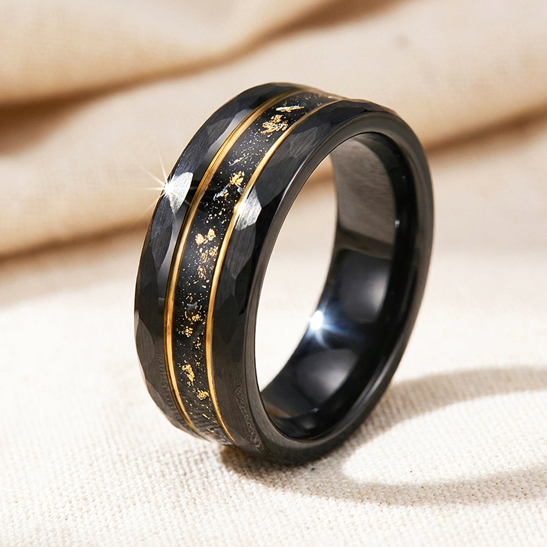 Vantigold Hammered Gold Flake Inlay Black Tungsten Carbide Ring - Ring | Singapore Jewellery, Wedding Rings & Gifts | Same Day Delivery | Tiara.com.sg