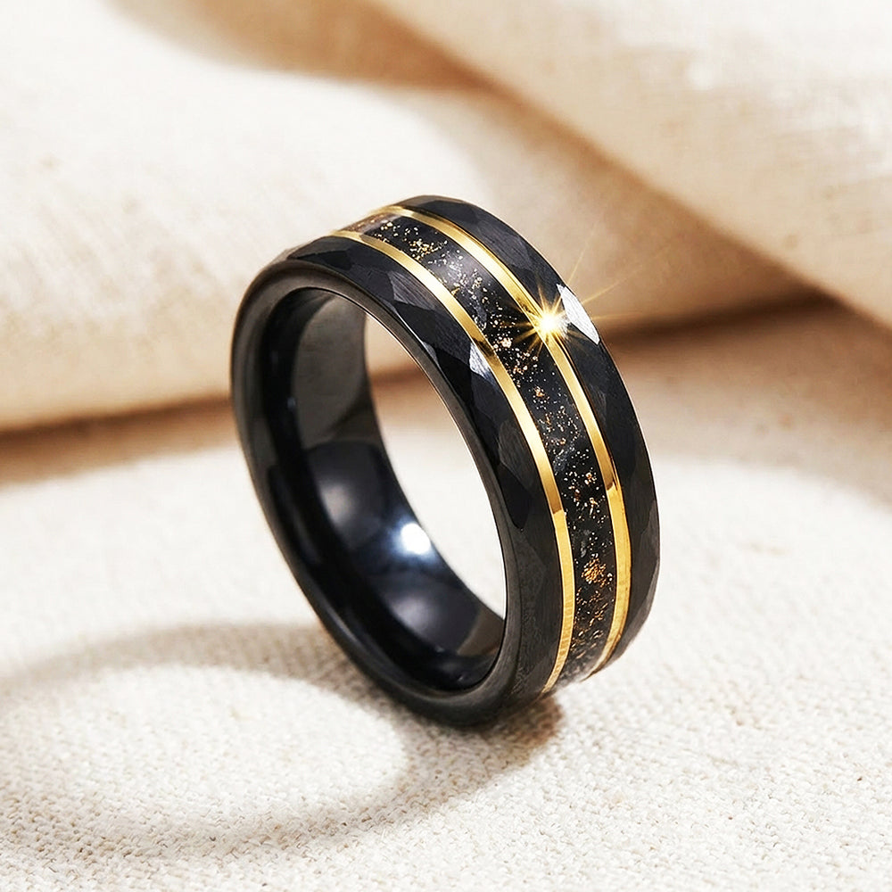 Vantigold Hammered Gold Flake Inlay Black Tungsten Carbide Ring - Ring | Singapore Jewellery, Wedding Rings & Gifts | Same Day Delivery | Tiara.com.sg