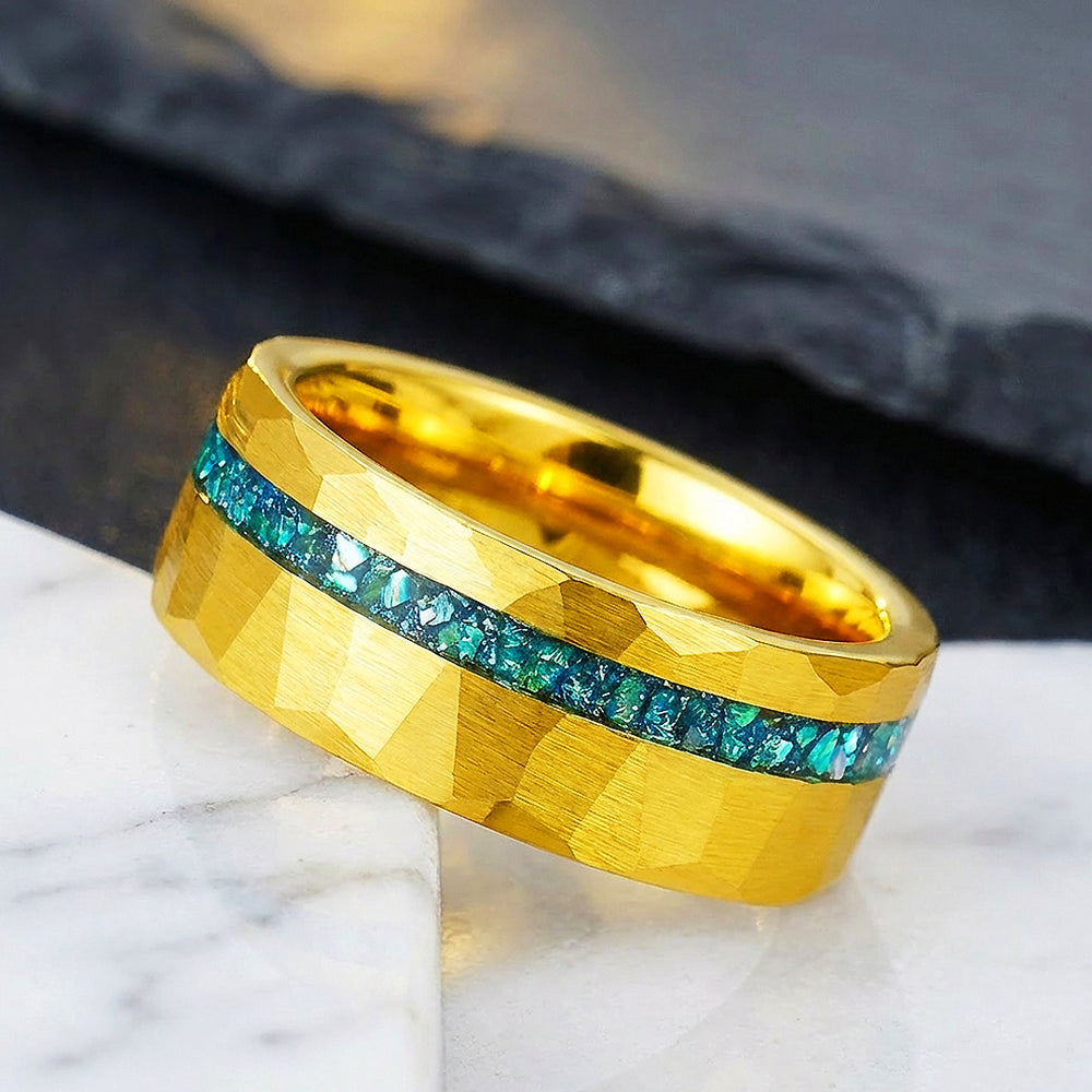 Veridian Hammered Gold Teal Inlay Tungsten Carbide Ring - Ring | Singapore Jewellery, Wedding Rings & Gifts | Same Day Delivery | Tiara.com.sg