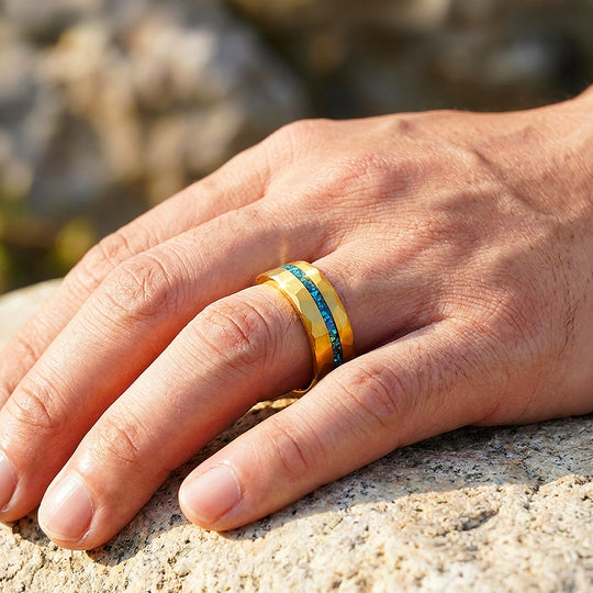 Veridian Hammered Gold Teal Inlay Tungsten Carbide Ring - Ring | Singapore Jewellery, Wedding Rings &amp; Gifts | Same Day Delivery | Tiara.com.sg