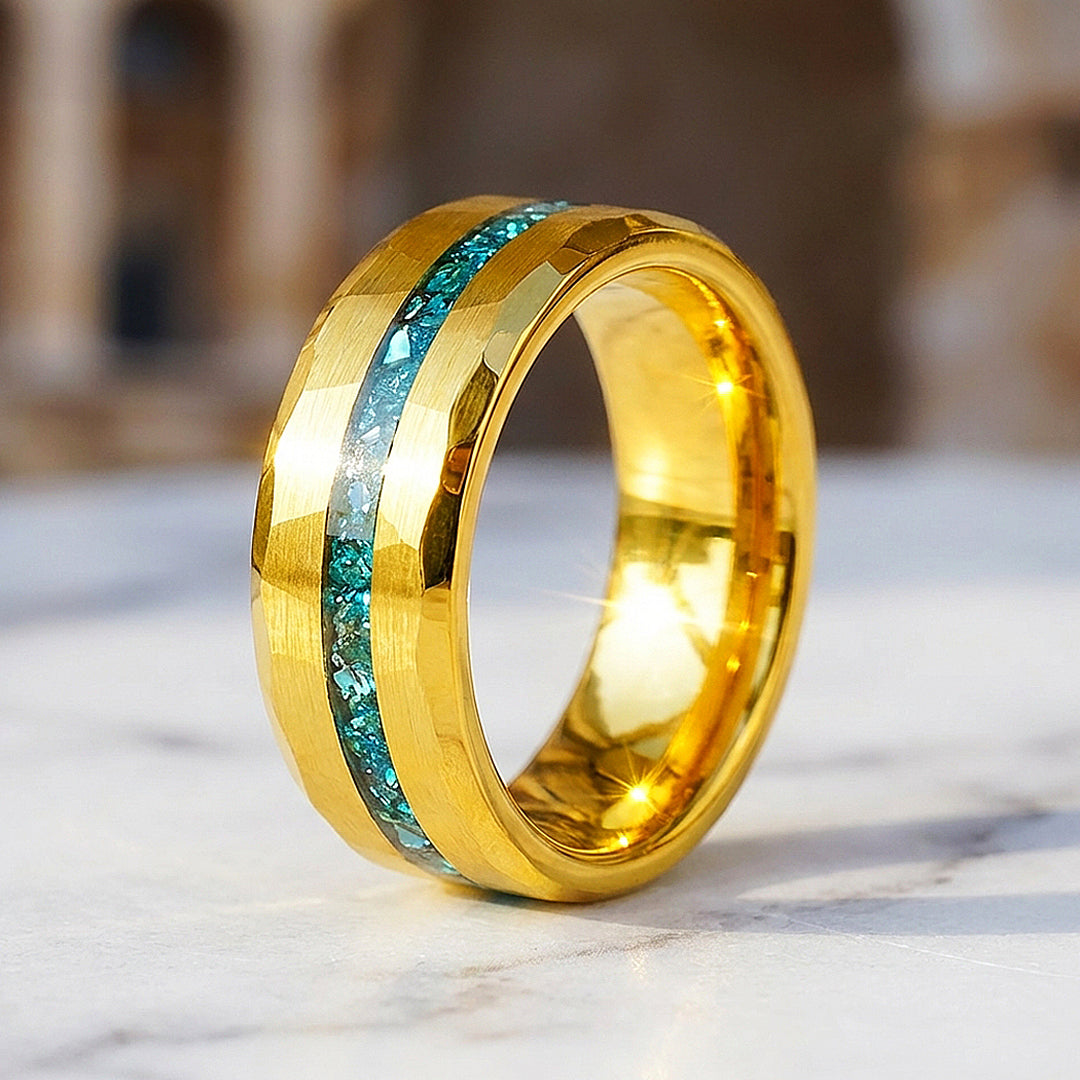 Veridian Hammered Gold Teal Inlay Tungsten Carbide Ring - Ring | Singapore Jewellery, Wedding Rings & Gifts | Same Day Delivery | Tiara.com.sg