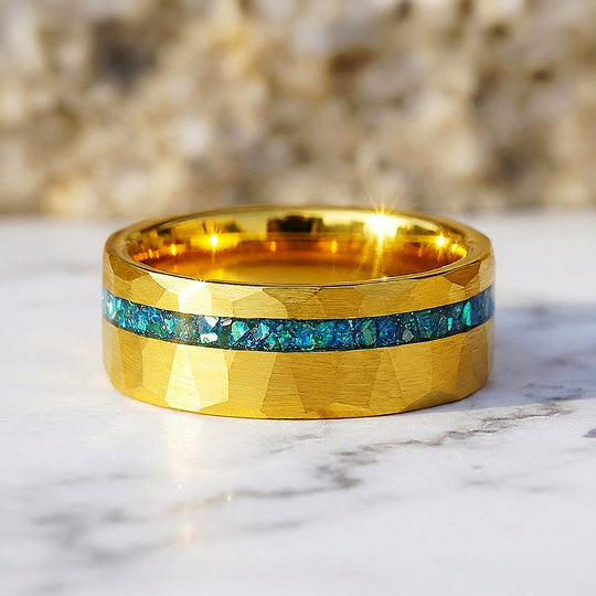 Veridian Hammered Gold Teal Inlay Tungsten Carbide Ring - Ring | Singapore Jewellery, Wedding Rings &amp; Gifts | Same Day Delivery | Tiara.com.sg