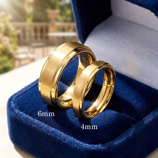 Wanderlust | Tungsten Couple Rings | Gold Wedding Bands