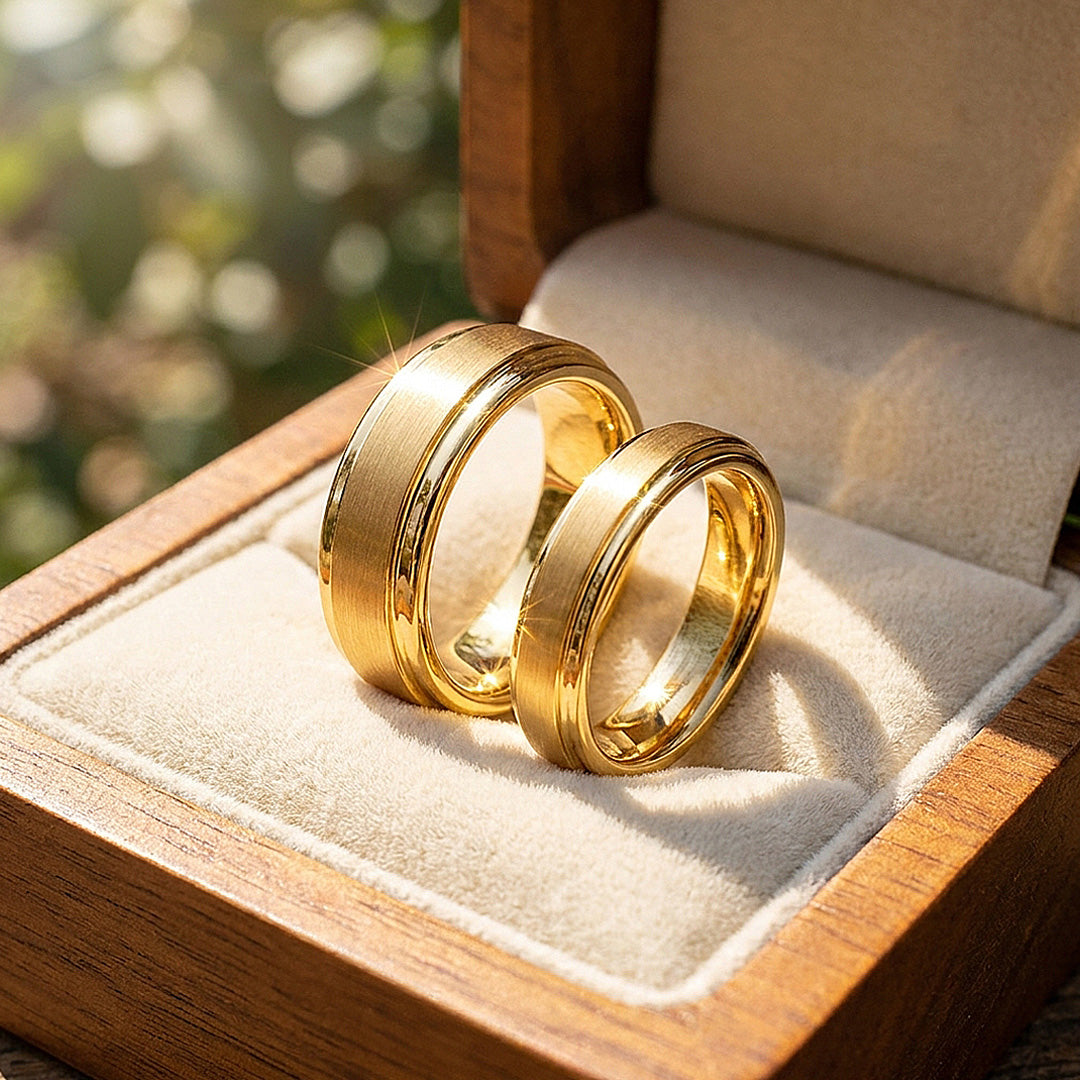 Wanderlust | Tungsten Couple Rings | Gold Wedding Bands