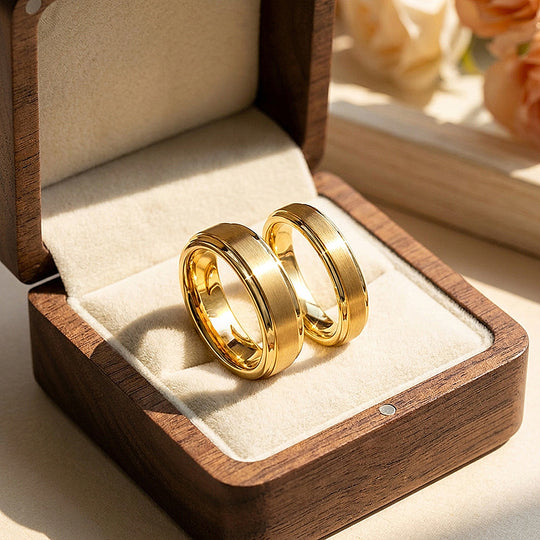 Wanderlust | Tungsten Couple Rings | Gold Wedding Bands