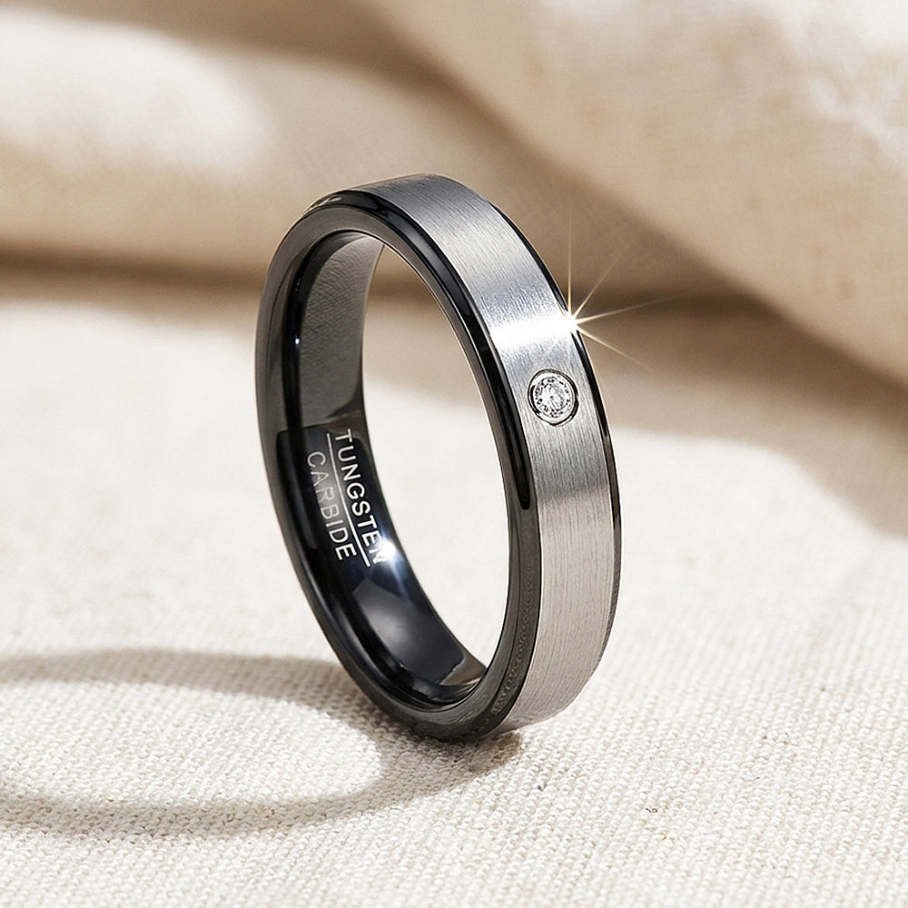 Yoda Brushed Solitaire Black Edge Tungsten Carbide Ring