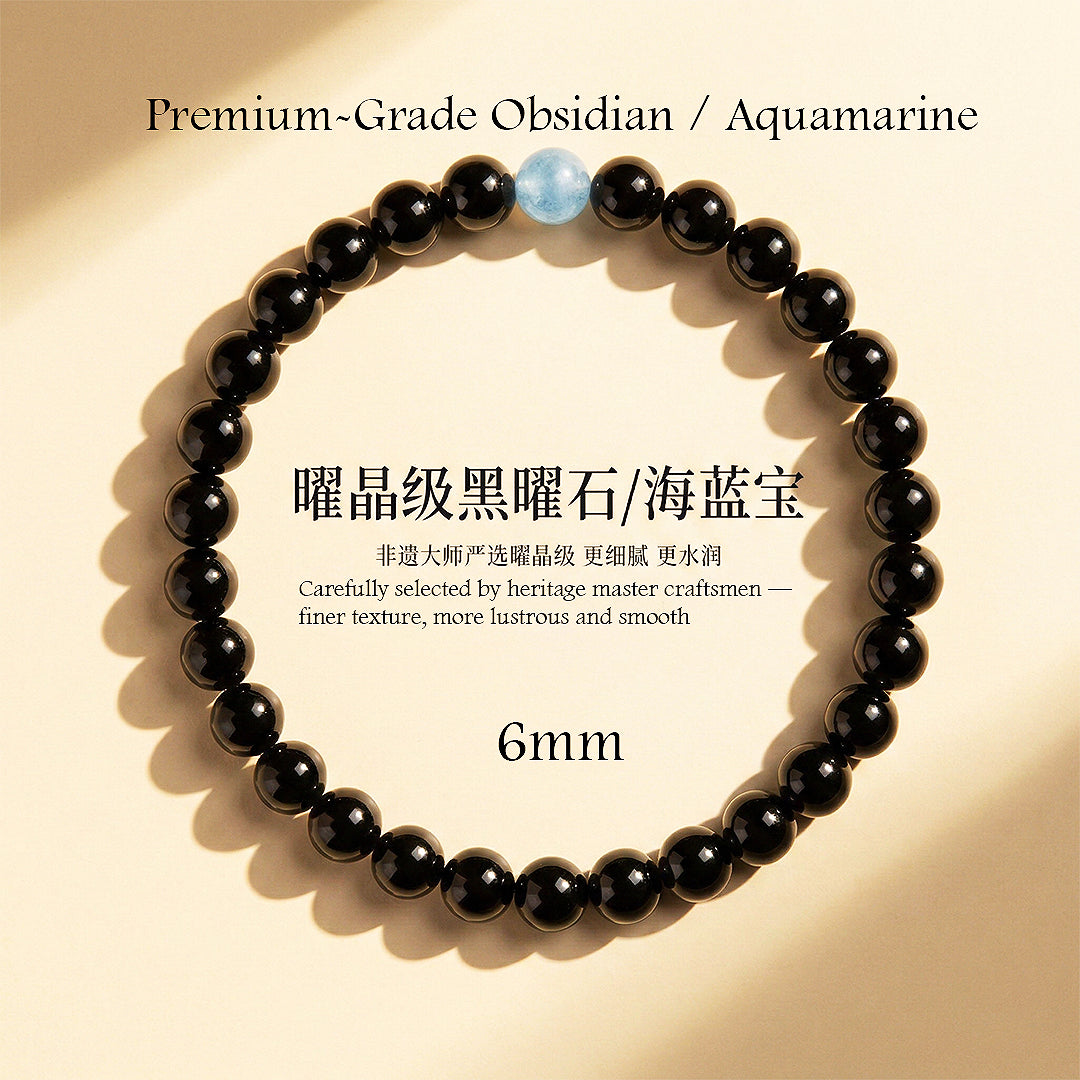 Obsidian &amp; Aquamarine Healing Natural Crystal Bracelet | C260