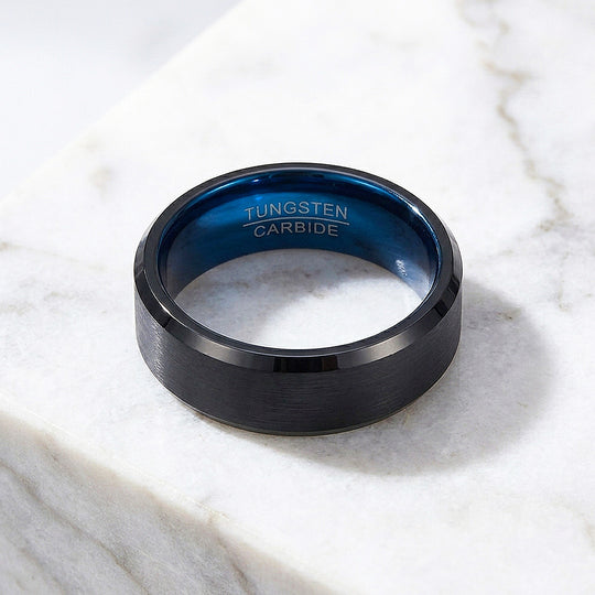 Gadget | Black Matte Bevelled Edge Blue Interior Tungsten Carbide | Men&
