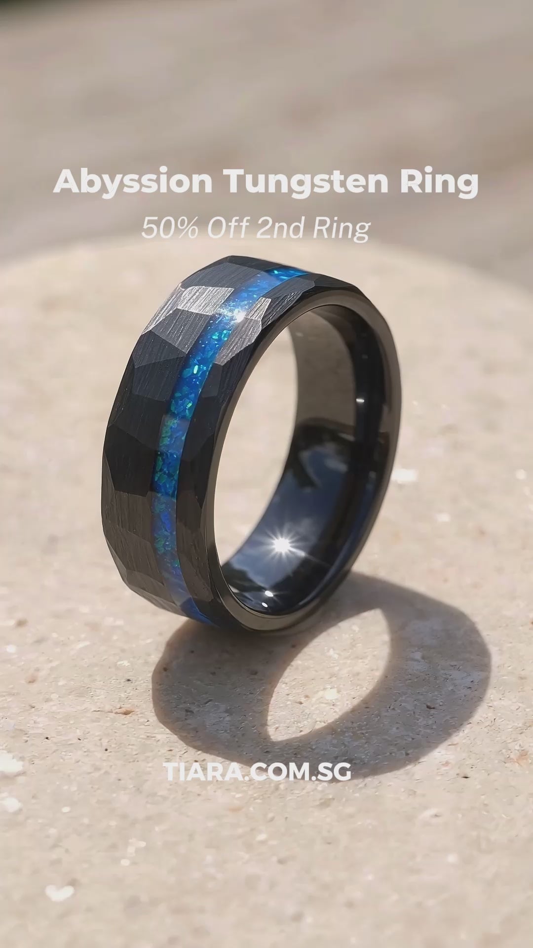 Abyssion Hammered Blue Opal Inlay Black Tungsten Carbide Ring | Men&