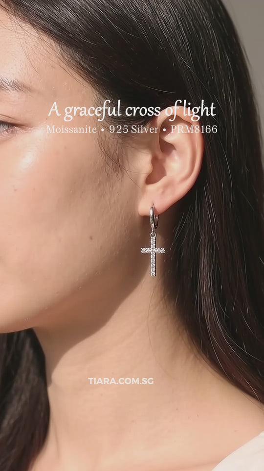 Moissanite Cross Charm Hoop Earrings | 925 Sterling Silver | PRM8166