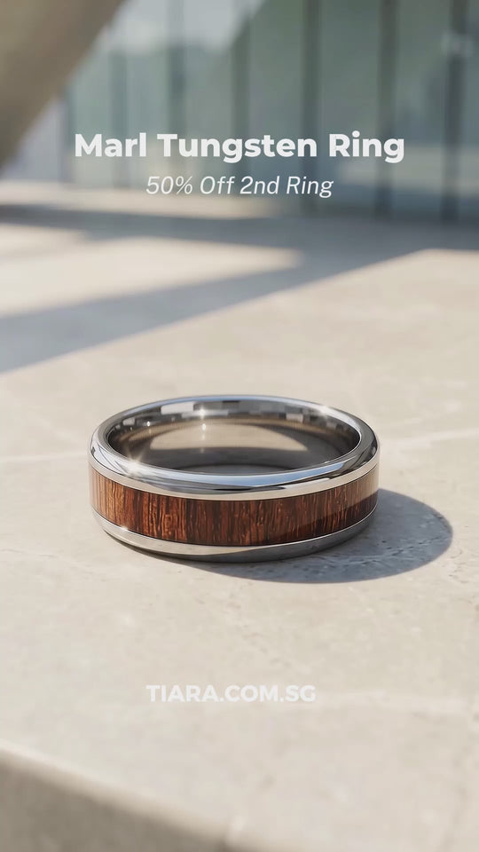 Marl | Koa Wood Inlay High Polish Silver Dome Tungsten Carbide