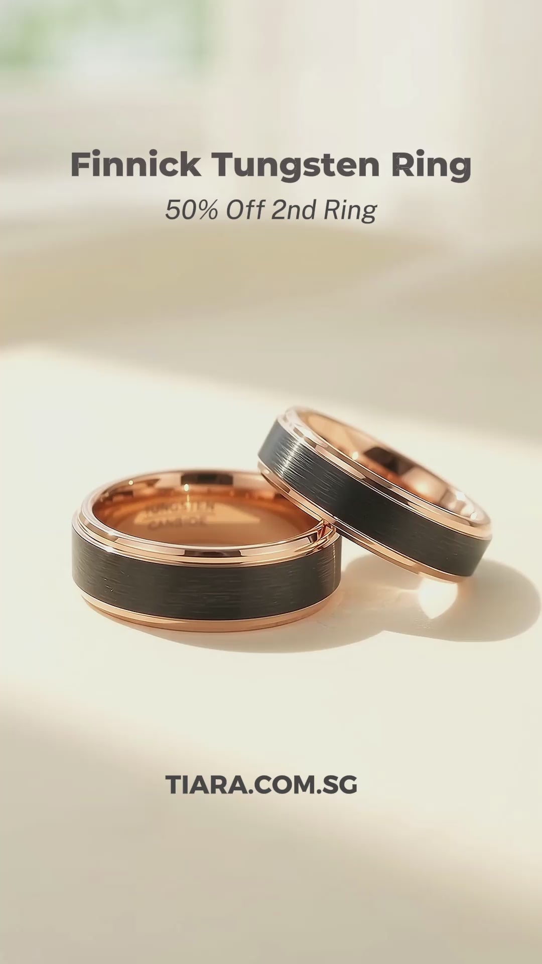 Finnick | Tungsten Couple Rings | Black &amp; Rose Gold Wedding Bands