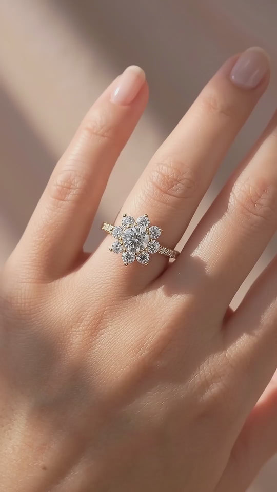Sunflower Round Halo Ring | 1.00ct | Moissanite | 18K Gold Plated 925 Sterling Silver | Prm7160