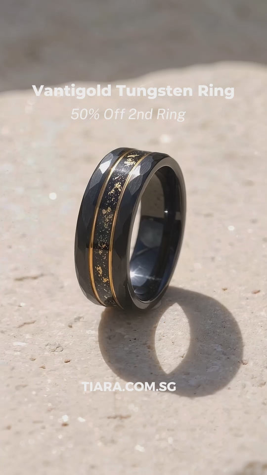 Vantigold Hammered Gold Flake Inlay Black Tungsten Carbide Ring | Men&