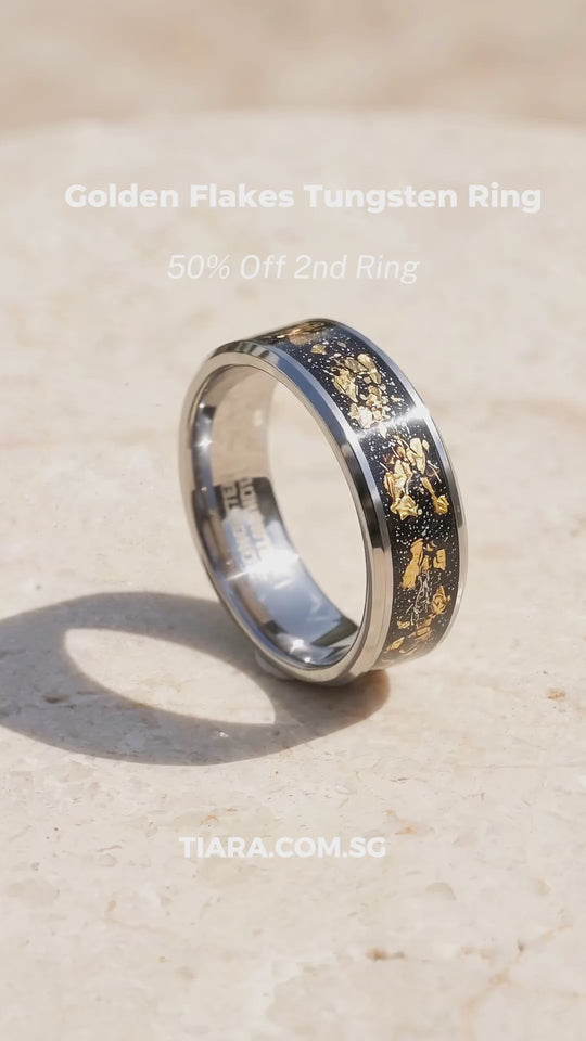 Golden Flakes | Silver High Polish Gold Foil Inlay Tungsten Ring