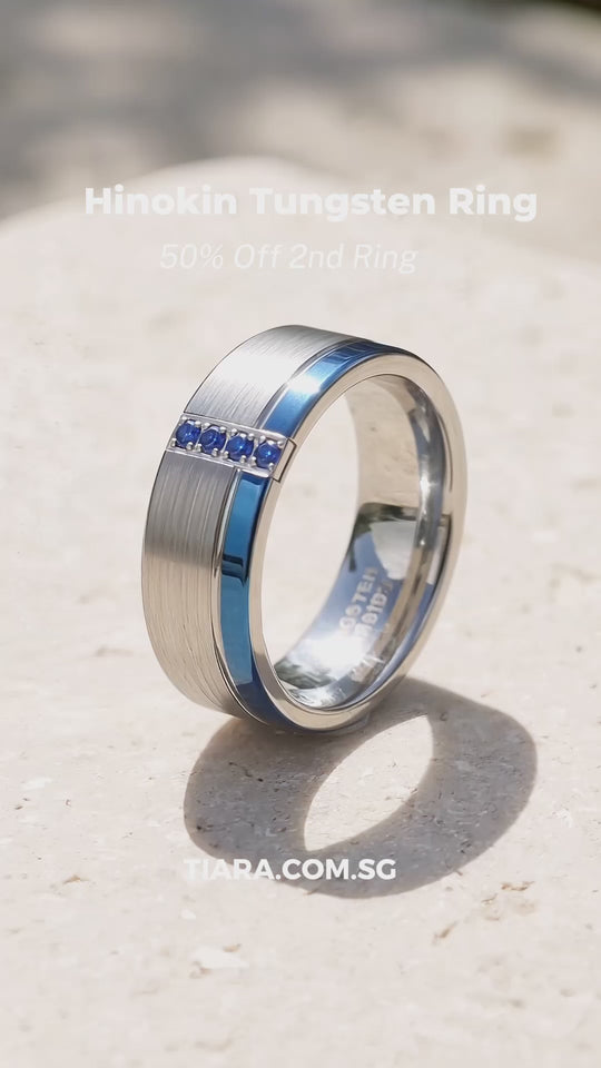 Hinokin Brushed Blue Diamond Simulant Tungsten Carbide Ring | Men&