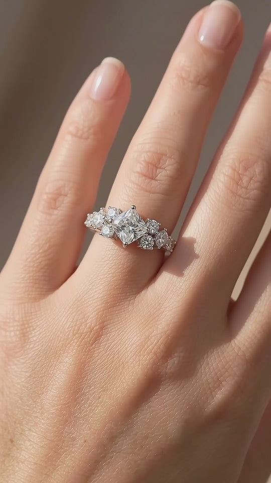 Princess Cut Moissanite Cluster Solitaire Ring | 1.00ct | 925 Sterling Silver | Prm7158