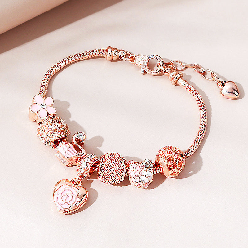 Luxe6082 - Rose Heart & Swan Charm Bracelet Bracelet - Tiara.com.sg Singapore Jewelry Shop